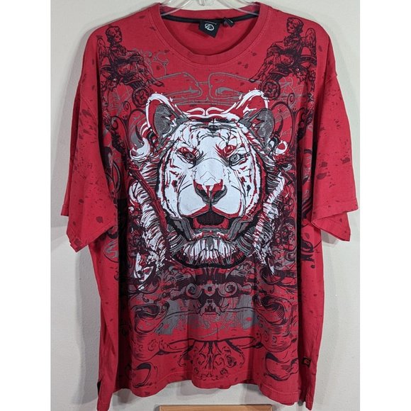 Knockout Jeans AOP Embroidered Tiger Head Hip Hop Streetwear 4XL Red Graphic Tee - Picture 1 of 6